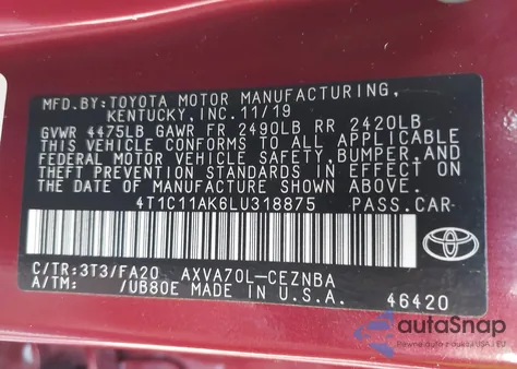 2020 Toyota Camry Le из США, поврежденный, VIN 4T1C11AK6LU318875